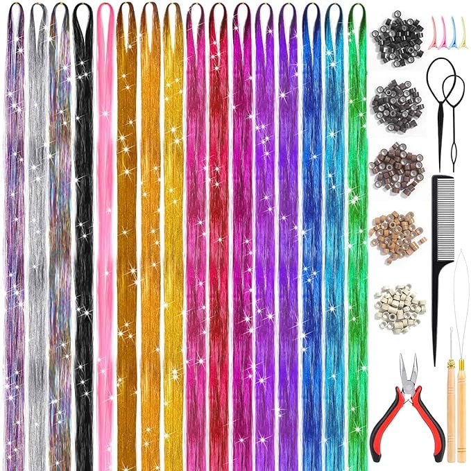 Hair Tinsel Kit (48 Inch, 16 Colors, 3200 Strands), Glitter Sparkling Tinsel Hair Extensions with... | Amazon (US)