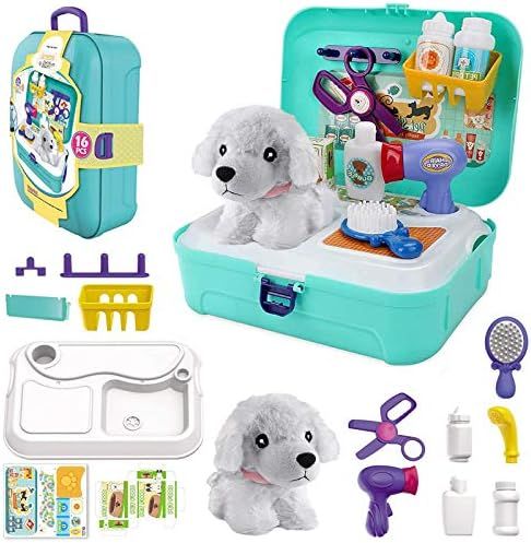 TEUVO Pet Care Play Set Doctor Kit for Kids, 16 Pcs Doctor Pretend Play Vet Dog Grooming Toys Pup... | Amazon (US)