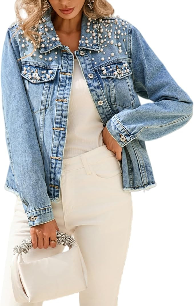 Women Pearl Denim Jacket Frayed Washed Button Up Cropped Denim Jacket With Pockets | Amazon (US)