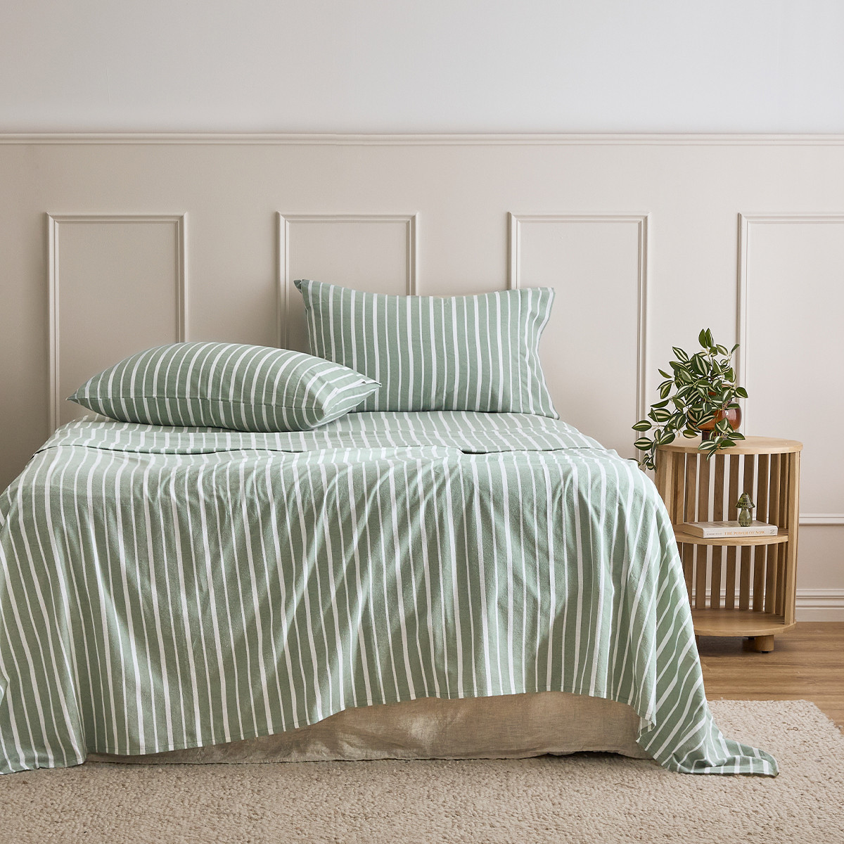 Sage Stripe Cotton Flannelette Sheet Set [HABBPRINFL25D] | Pillow Talk AU