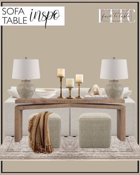 Sofa Table Inspo. Follow @farmtotablecreations on Instagram for more inspiration.

Henn 78.75'' Solid Wood Console Table. Adstock Ceramic Table Lamp. Peasely Upholstered Pouf. Booker Pillar Candleholder. Thayer Ceramic Bowl. Artisan Extruded Object. Amber Lewis x Loloi Alie Taupe / Dove Area Rug. Dreamy Handwoven Fringe Throw. Pottery Barn Decor. Pottery Barn Decor Finds. Console Table Styling. Console Table Decor. Home Decor. Entryway Decor. Sofa Table Decor. 

#LTKfindsunder50 #LTKhome #LTKsalealert