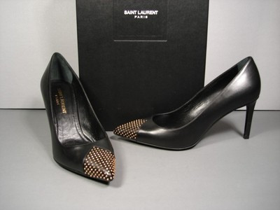 SAINT LAURENT YSL STUD CAP TOE BLACK LEATHER POINT TOE CLASSIC PUMPS 38.5 NEW | eBay US