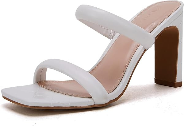 Coutgo Womens Heels Sandals Open Square Toe Two Strap Chunky High Heel Mule Sandal Comfortable Summer Dressy Shoes | Amazon (US)