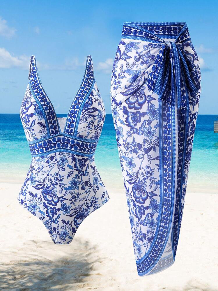Swim Oasis Plus Size Floral Print V-Neck Slim Fit Summer Beach Swimsuit And Skirt Cover-Up | SHEIN