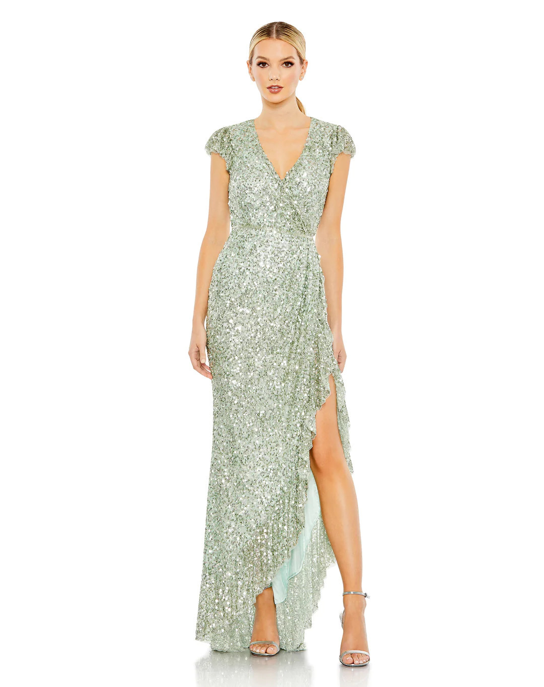 Sequined Faux Wrap Ruffle Cap Sleeve Gown | Mac Duggal