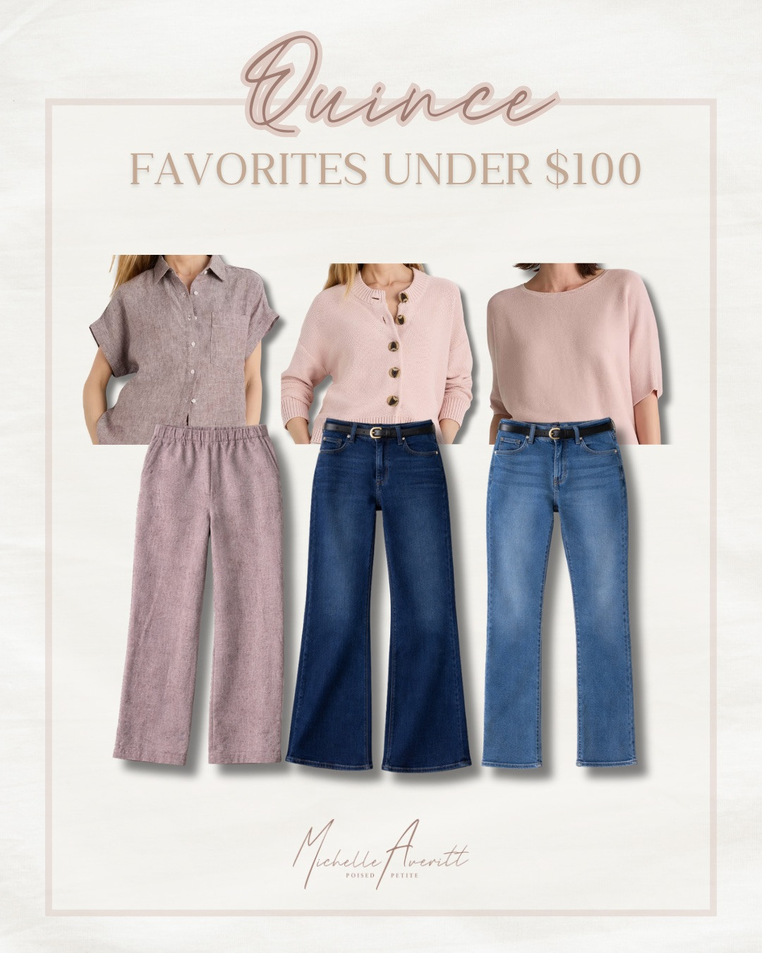 Looking for a way to upgrade your closet without breaking the bank? These are my favorite budget friendly finds at Quince!

A lightweight linen top, a classic button-down sweater, and a soft cotton cashmere sweater pair effortlessly with matching linen pants, wide-leg jeans, and a stylish pair of kick flare jeans. Easy pieces you can mix and match for everyday wear or pack along for a getaway.

petite fashion, fashion over 40, easy outfit idea, women's jeans, spring style 

 #LTKgrwm #LTKOver40 #LTKPetite