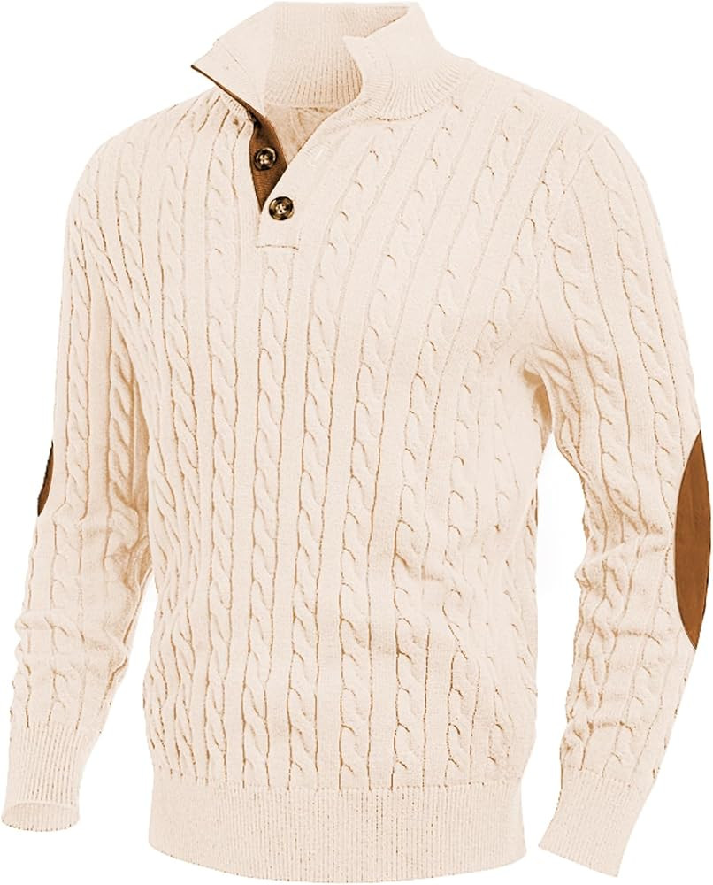 JMIERR Men's Cable Knit Pullover Sweater Casual Long Sleeve Stand Collar Button Knitted Sweaters | Amazon (US)