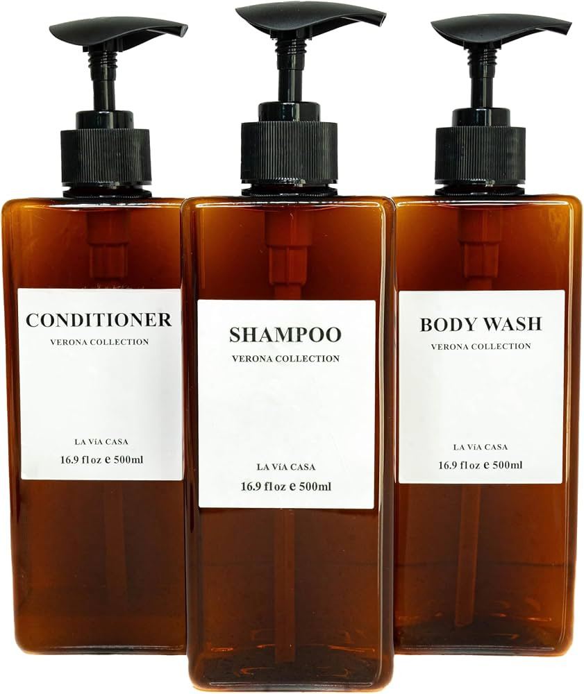 Shampoo and Conditioner Dispenser | 3 Plastic Amber | Shampoo Dispenser with Waterproof Labels | ... | Amazon (US)