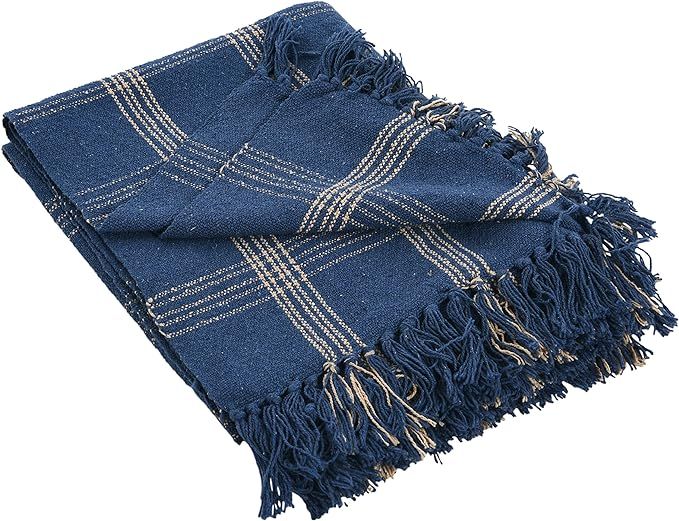 Creative Co-Op Recycled Cotton Blend Throw Blanket with Fringe, Blue Plaid | Amazon (US)