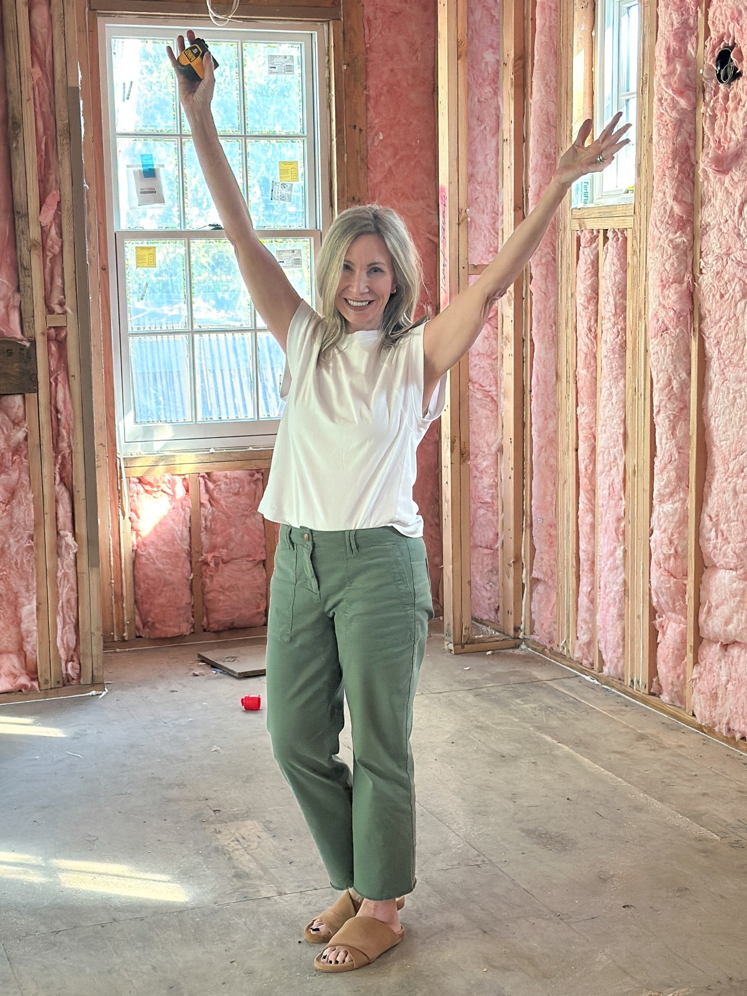 Celebrating arrival of drywall in favorite chinos … they pair well with pink insulation. 😅

#LTKOver40 #LTKootd #LTKdayinmylife