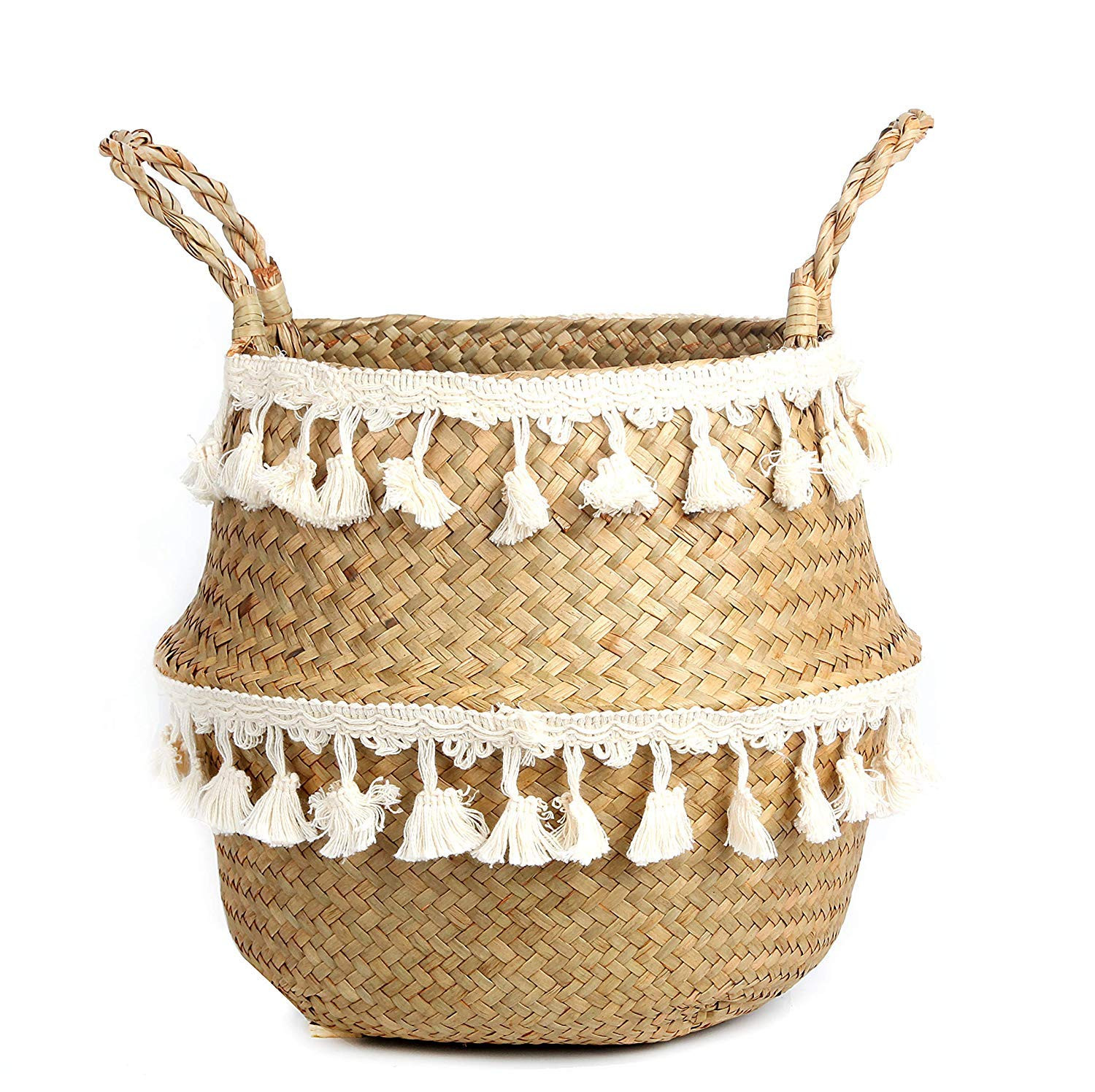 BlueMake Tassel Macrame Woven Seagrass Belly Basket for Storage, Decoration, Laundry, Picnic, Plant  | Amazon (US)