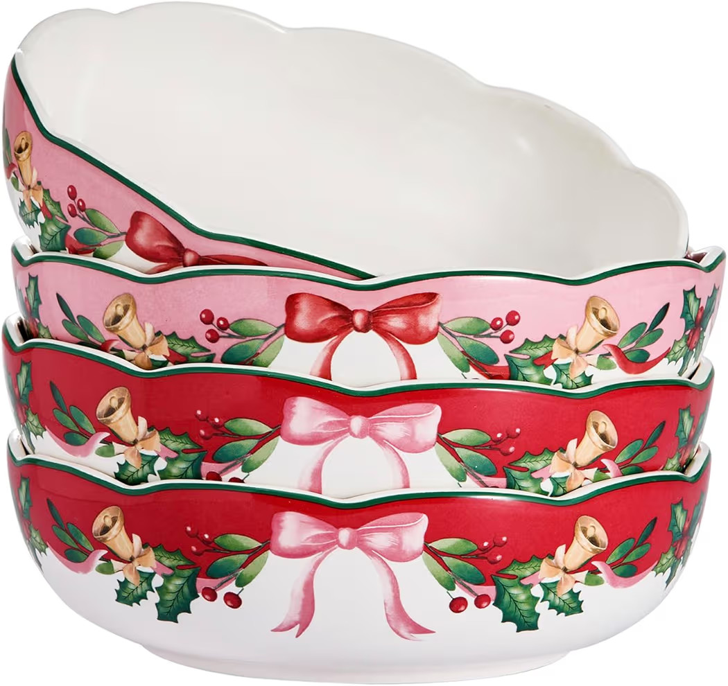 Bico Ribbon Christmas Scalloped Pasta Bowls, 36oz Salad Bowl Set of 4, Large Ceramic Serving Dinn... | Amazon (US)