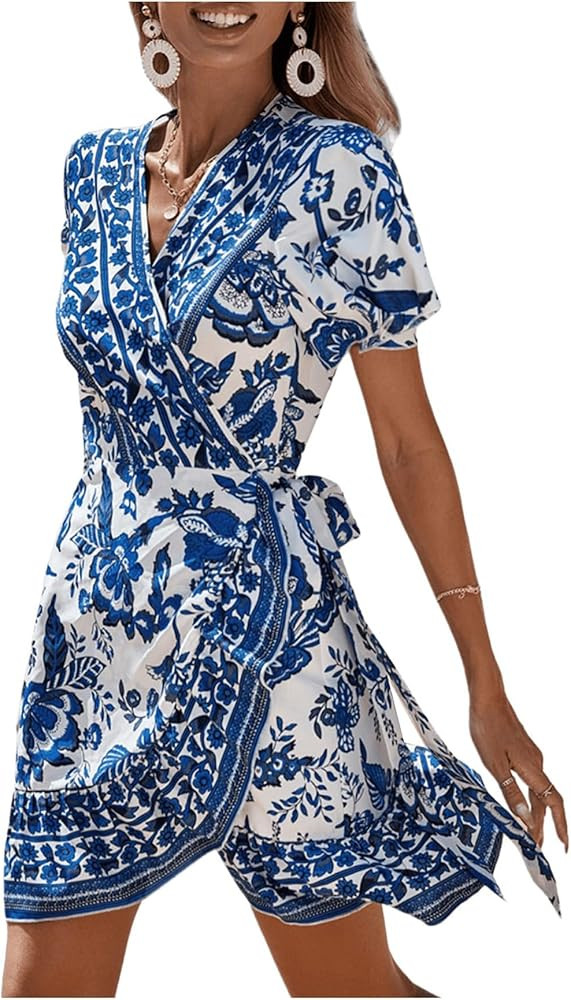 WDIRARA Women's Summer Casual Boho Floral Print Short Sleeve Wrap V Neck Ruffle Hem A Line Dress | Amazon (US)