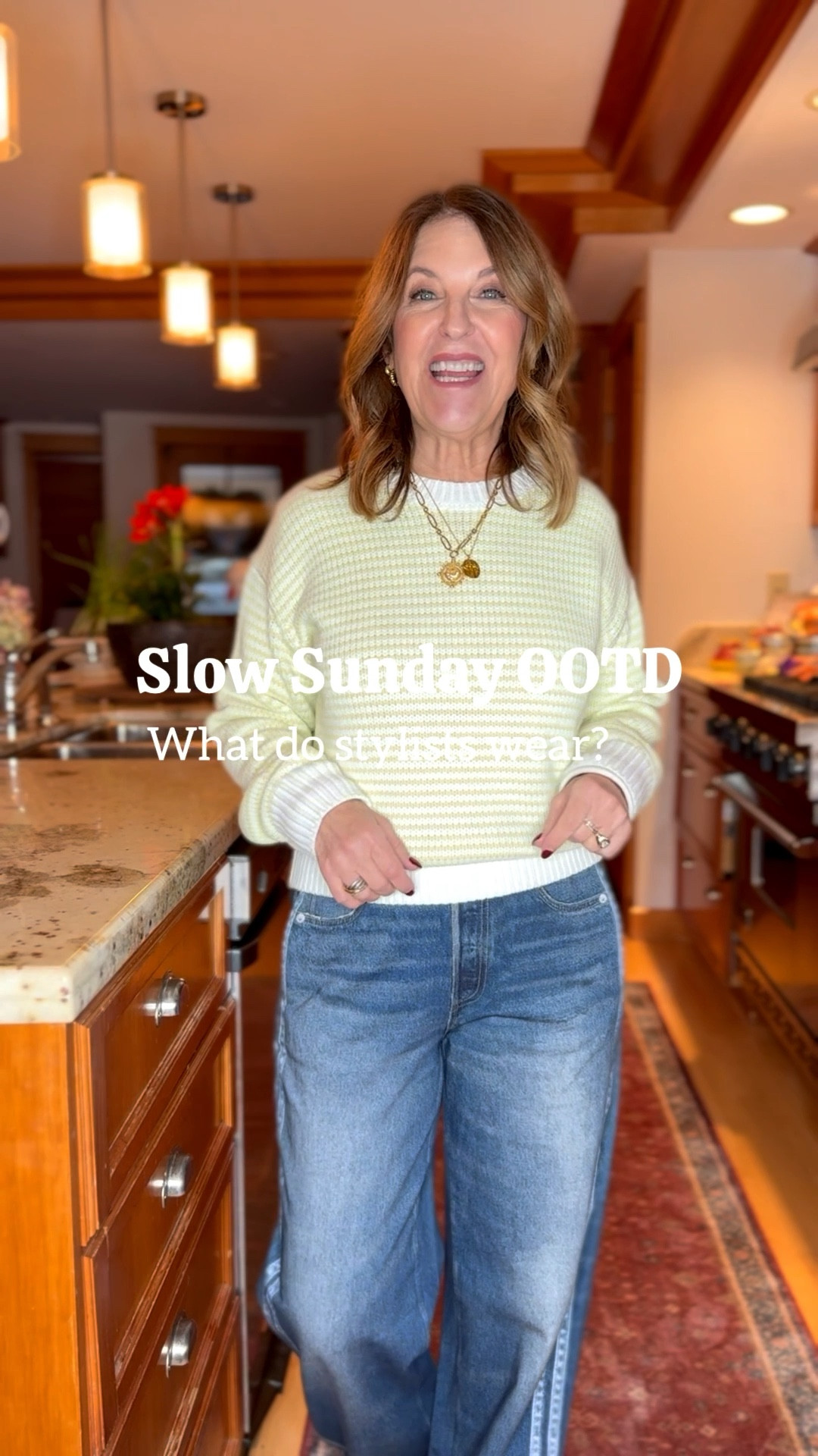 It's one of those slow Sundays, raining and cold, where you want to stay inside, watch a good movie, or read a book.

This is my outfit. I just pulled these viral Miramar jeans out of the box and tried them on. I was so excited to share them that they’re not even hemmed. I love the stripes on the side. Generous fit- wearing a size small. If you want a trimmer fit and between 2 sizes, size down.

The sweater is so comfortable, it’s made of cotton, and it’s just a happy color; it will brighten up any dark day. Fits tts. 

Also, low-profile sneakers are trending, and this style is so comfortable-they feel like slippers.  Fits tts. 

This is my IRL outfit of the day. Have a good one! 

#LTKOver40 #LTKootd #LTKSeasonal