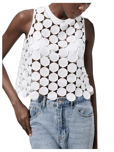 SHENHE Women's Sheer Tank Tops See Through Polka Dots Asymmetrical Top Summer Sleeveless Vest Shi... | Amazon (US)