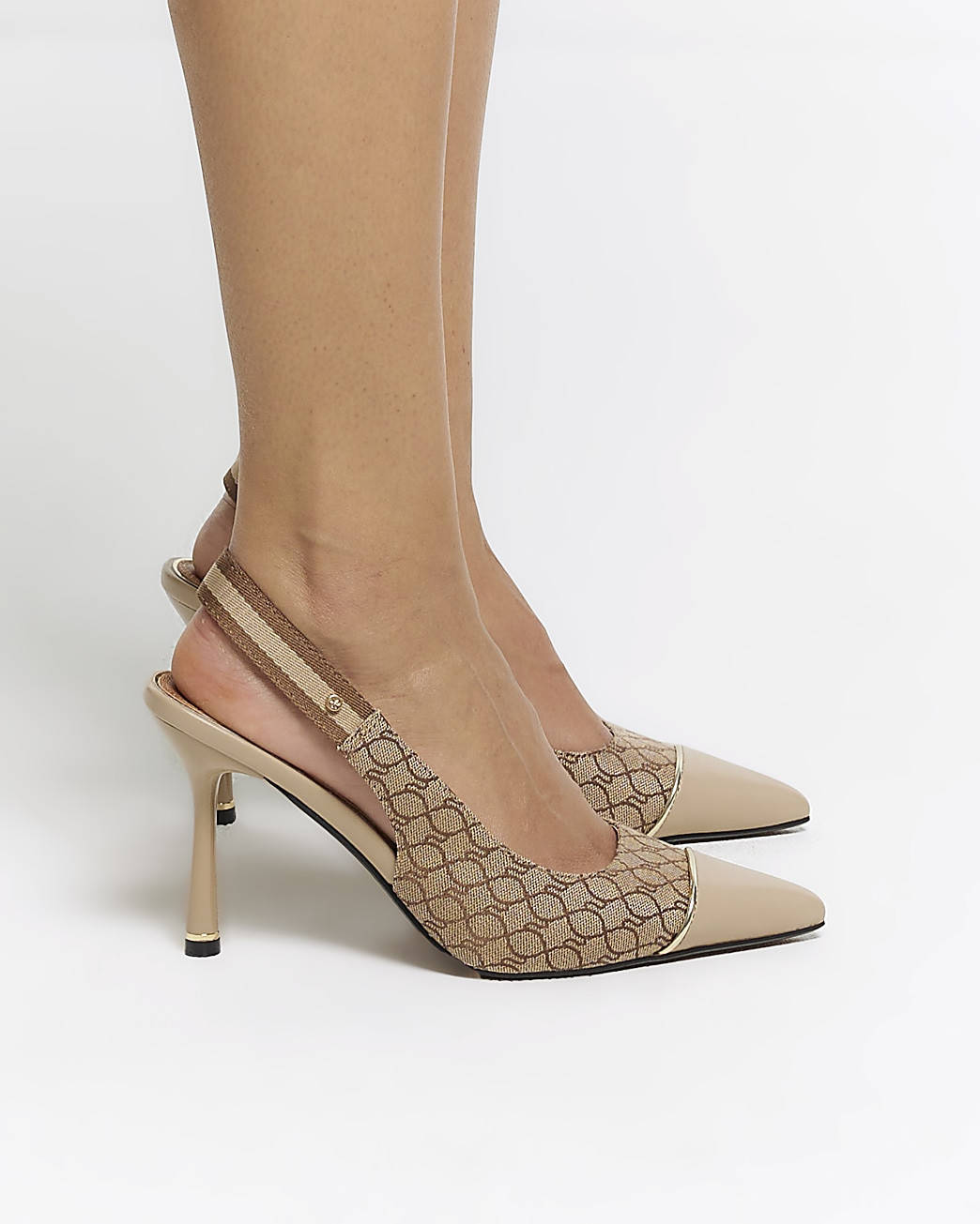 Beige canvas monogram heeled court shoes | River Island (UK & IE)