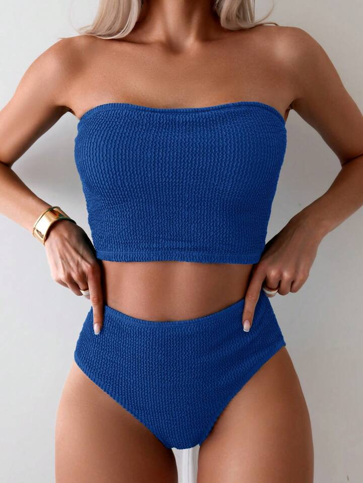 SHEIN Swim Summer Beach Women Solid Color Shirred Bandeau Top And Bottom | SHEIN