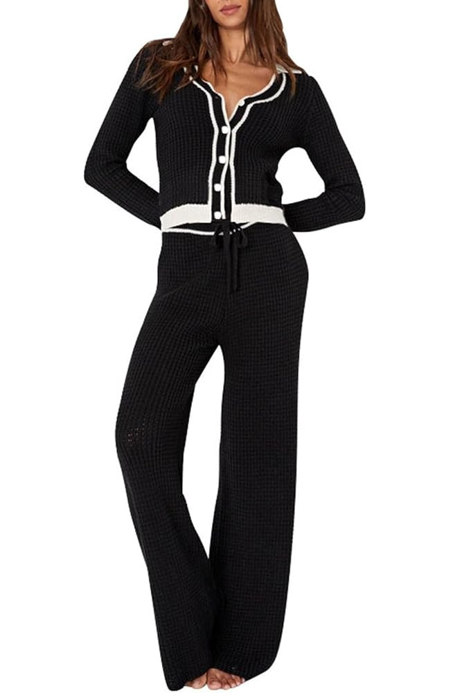 Viottiset Women's 2 Piece Outfits Sweatsuit Set Long Sleeve Button Sweatshirt Wide Leg Sweatpants... | Amazon (US)