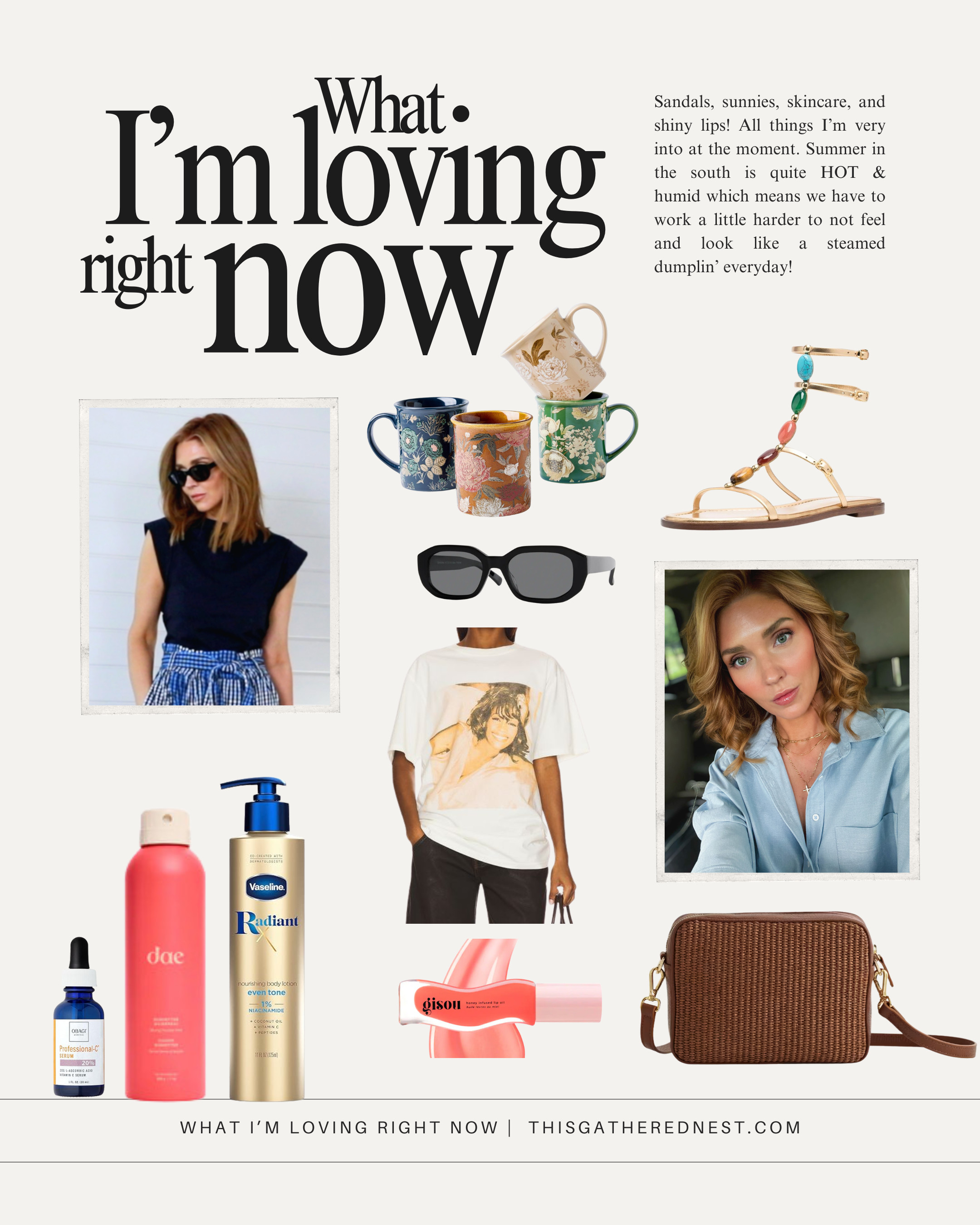 It's been SO hot here, which means most of my favorites reflect that. A few of these will be in the Amazon sale this week, but all of them are things I find to be worth it :) 

This set of 4 mugs is my go-to daily use mugs; they have the Anthro feel for an Amazon price! The quality is fantastic too!
Quince has been doing me right lately! These sunnies are incredible quality, and their handbags never disappoint! 
These gemstone sandals are designer dupes, and they look SO much like the real thing! Really cute with dresses for the summer!
Whitney always does me right; what else can I say? I love an oversized graphic tee. Easy to style, you can look cute and pulled together but still wear a t-shirt and comfy pants!
I just grabbed this Dae hairspray as a new release, and I'm loving it! It holds so well but doesn't look crunchy! 
The world's best vitamin C. No matter what, I always come back to this one.  

 