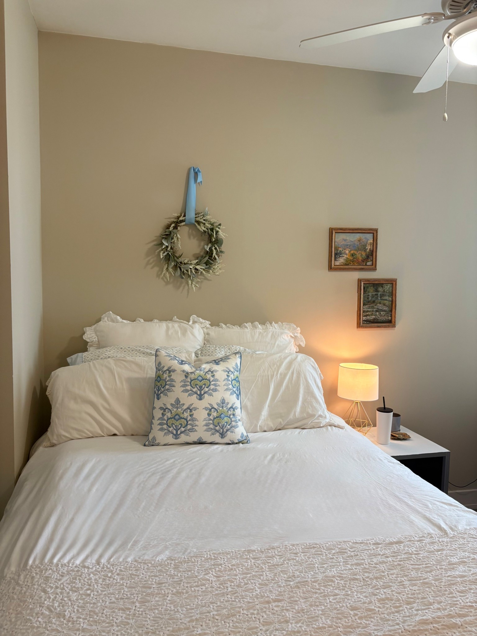 my bedroom set up! inspired by claude monet's impressionist paintings 🪷 simple, clean, and brightens up the dark walls of this apartment! 

 #LTKHome #LTKFindsUnder100 #LTKStyleTip