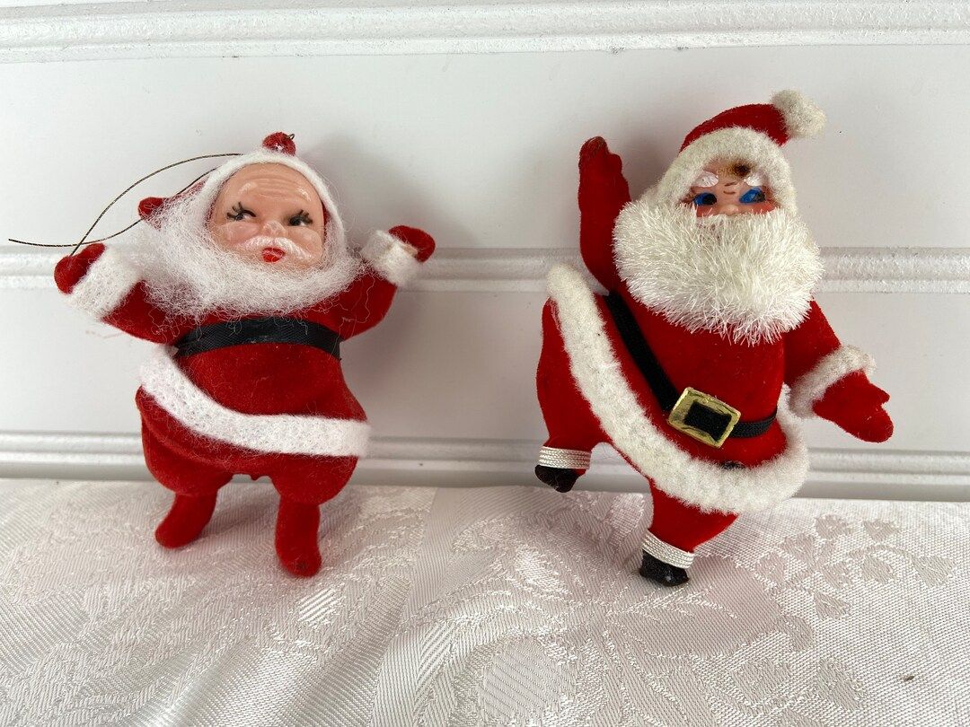 FLOCKED DANCING SANTA Claus Hugger Ornaments, Set of 2, Vintage Christmas Decor, Vintage Christma... | Etsy (US)