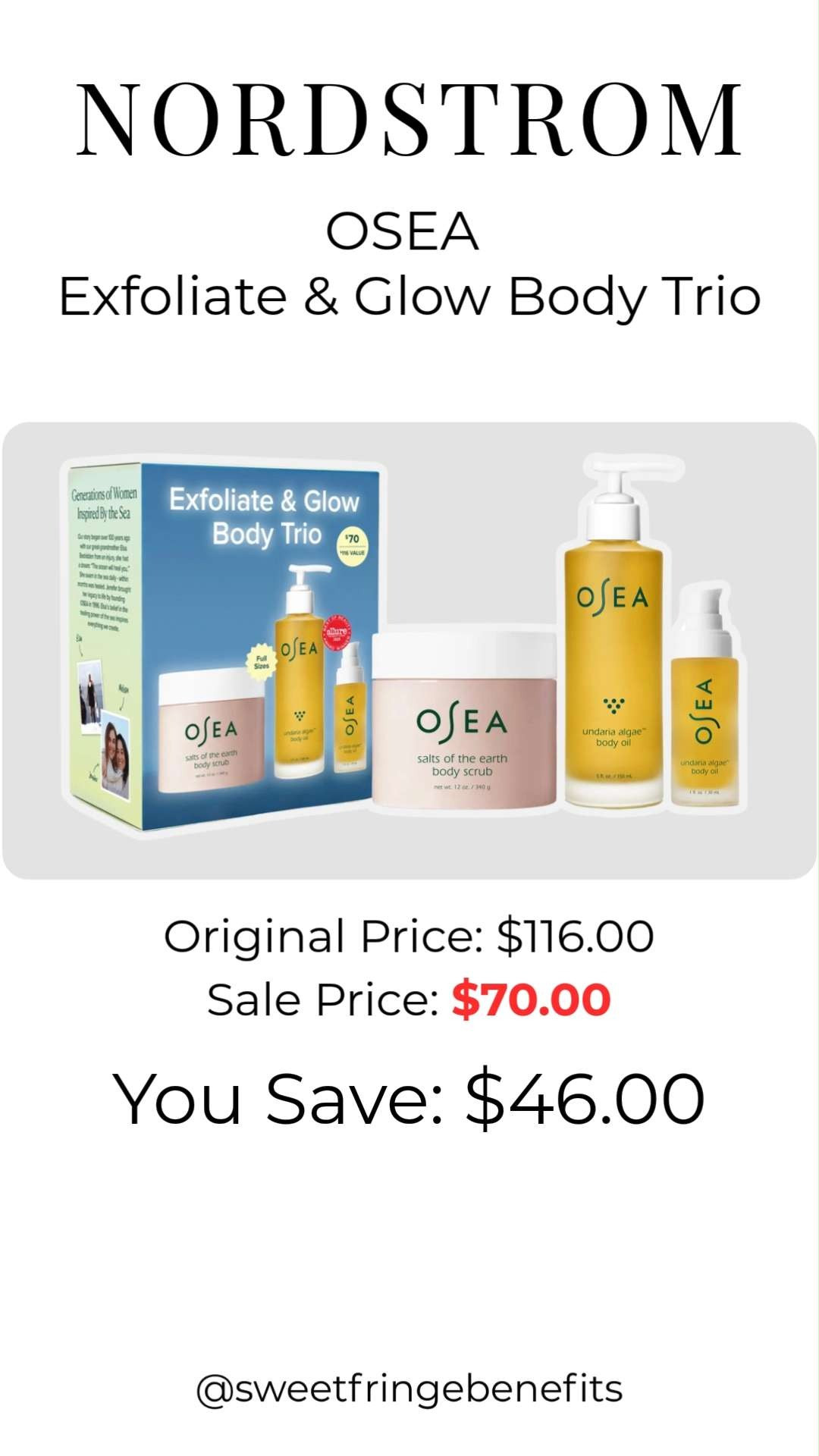 The OSEA Exfoliate & Glow Body Trio is one of the best beauty buys in the Nordstrom Anniversary Sale! This limited-edition set helps smooth, hydrate, and leave skin with a healthy glow—while saving you $46 off the original value.

💡 LTK MADE EASY
❤️ Heart = Support my posts!
🔖 Save = Get sale & restock alerts
📋 Lists = Keep favorites organized
📲 Share = Send lists and products to a friend. Hello, Christmas List!
💬 Comment = Ask me anything about what I'm wearing.:-) 

 #LTKActive #LTKOver40 #LTKBeauty