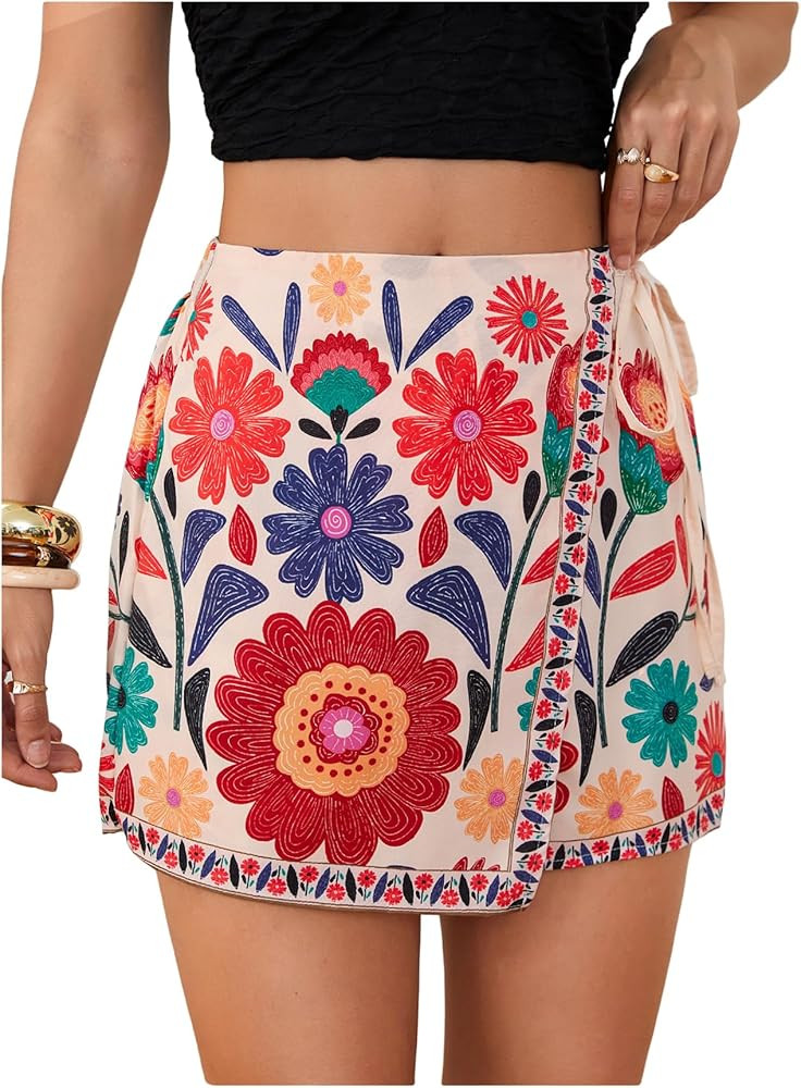 RoseSeek Women's Floral Graphic Skirt Shorts Drawstring Waist Tropical Boho Wrap Skorts | Amazon (US)