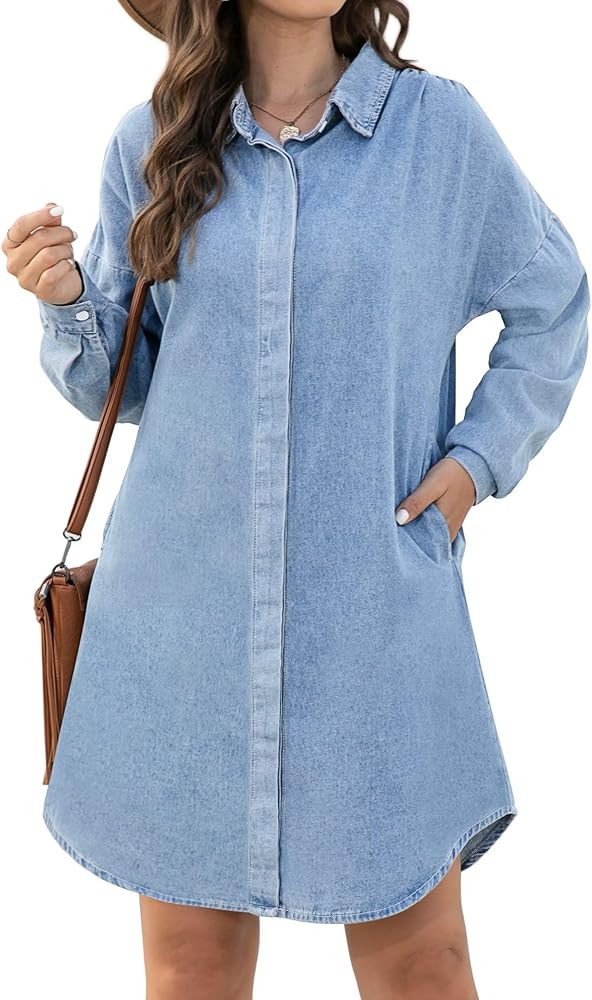 KDF Denim Shirt Dress Women - Denim Dress for Women with Pockets Denim Button Down Shirt Dresses ... | Amazon (US)
