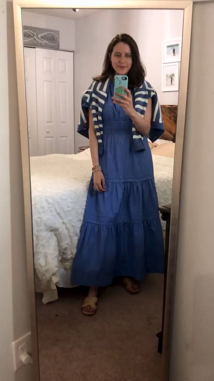 Blue dress and blue and white cardigan 💙

Spring dresses
easter dress women 
spring outfits 2026


#LTKPetite #LTKootd #LTKSeasonal