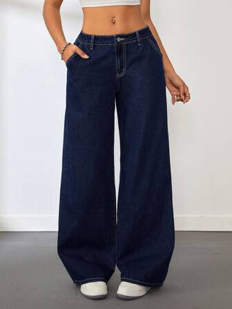 SHEIN Tall Women's Sexy Low Waist Straight Leg Blue Jeans | SHEIN
