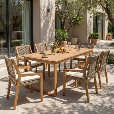 Christopher Knight Home Emerson Outdoor Patio Acacia Wood 7-Piece Dining Set with 6 Woven Wicker Chairs, Light Brown/Beige | Target