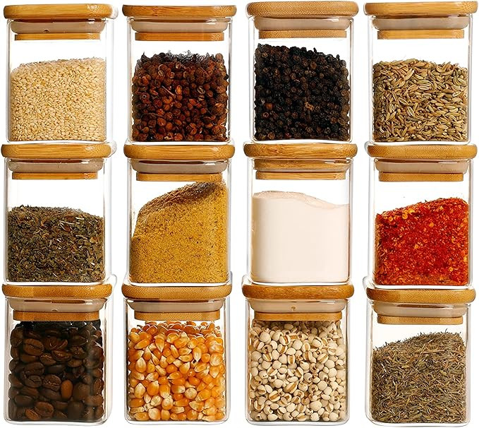 12 Pcs Square Glass Spice Jars with Natural Bamboo Lids - 5oz Airtight Herb Containers with 148 W... | Amazon (US)