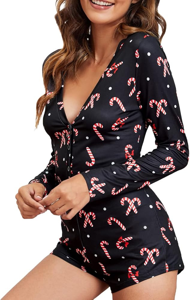 NUFIWI Women Christmas Pajamas Romper Bodycon Printed Jumpsuit Shorts Xmas One Piece Pjs Sleepwea... | Amazon (US)