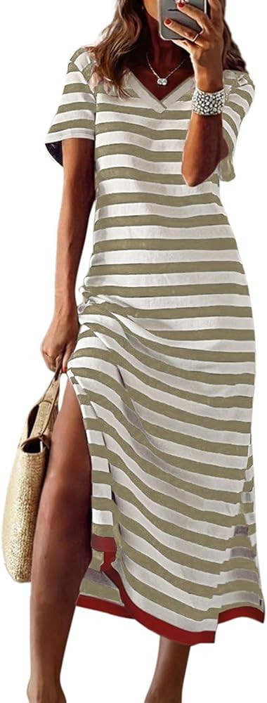 Dokotoo Womens 2026 Short Sleeve Maxi Dress Striped Split T Shirt Dress | Amazon (US)