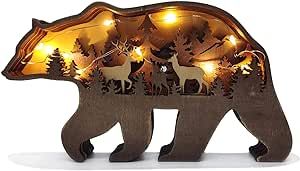 Zagxuade Wooden Brown Bear Desktop Ornament with Light, Forest Animals Table Decor, Wooden Knick ... | Amazon (US)