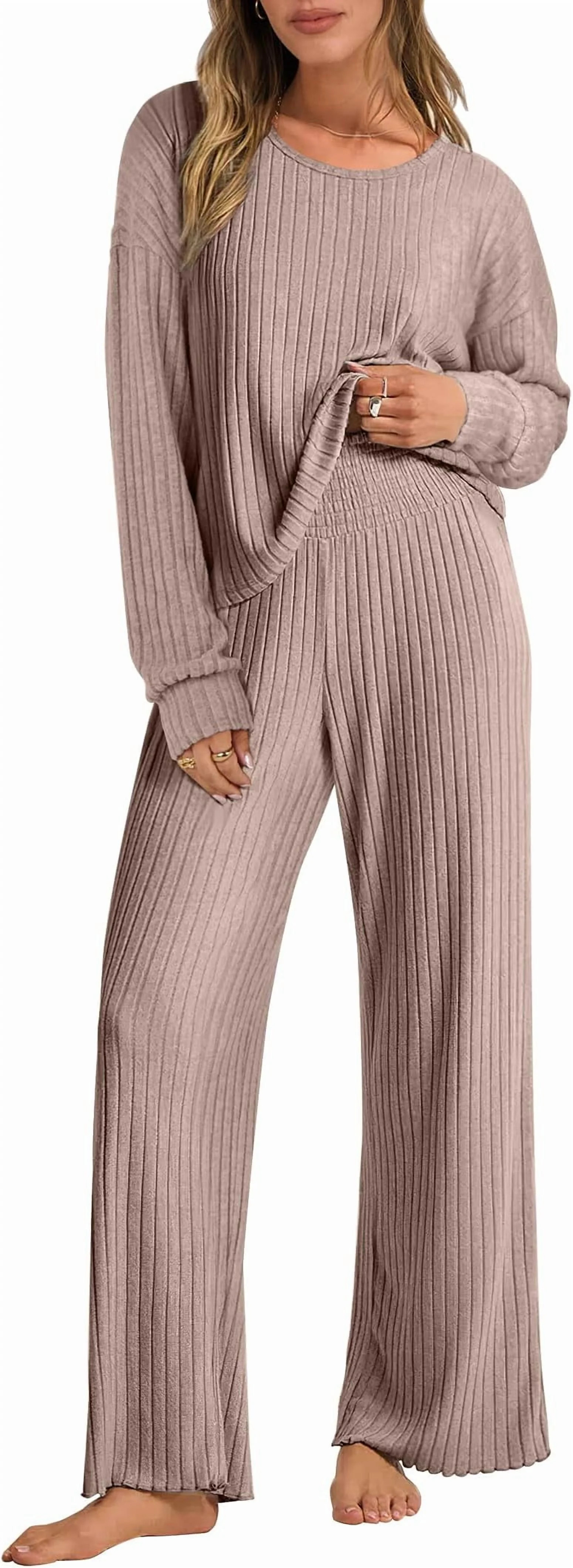 Luniro Lounge Sets for Women Fall Pajamas Set Ribbed Knit Long Sleeve Top Pants 2 Piece Outfits | Walmart (US)