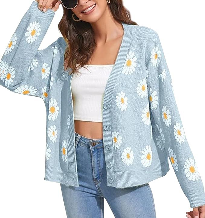 Meladyan Women’s Flower Knit Loose Cardigan Button Long Sleeve V Neck Crop Sweater Cardigan Top... | Amazon (US)