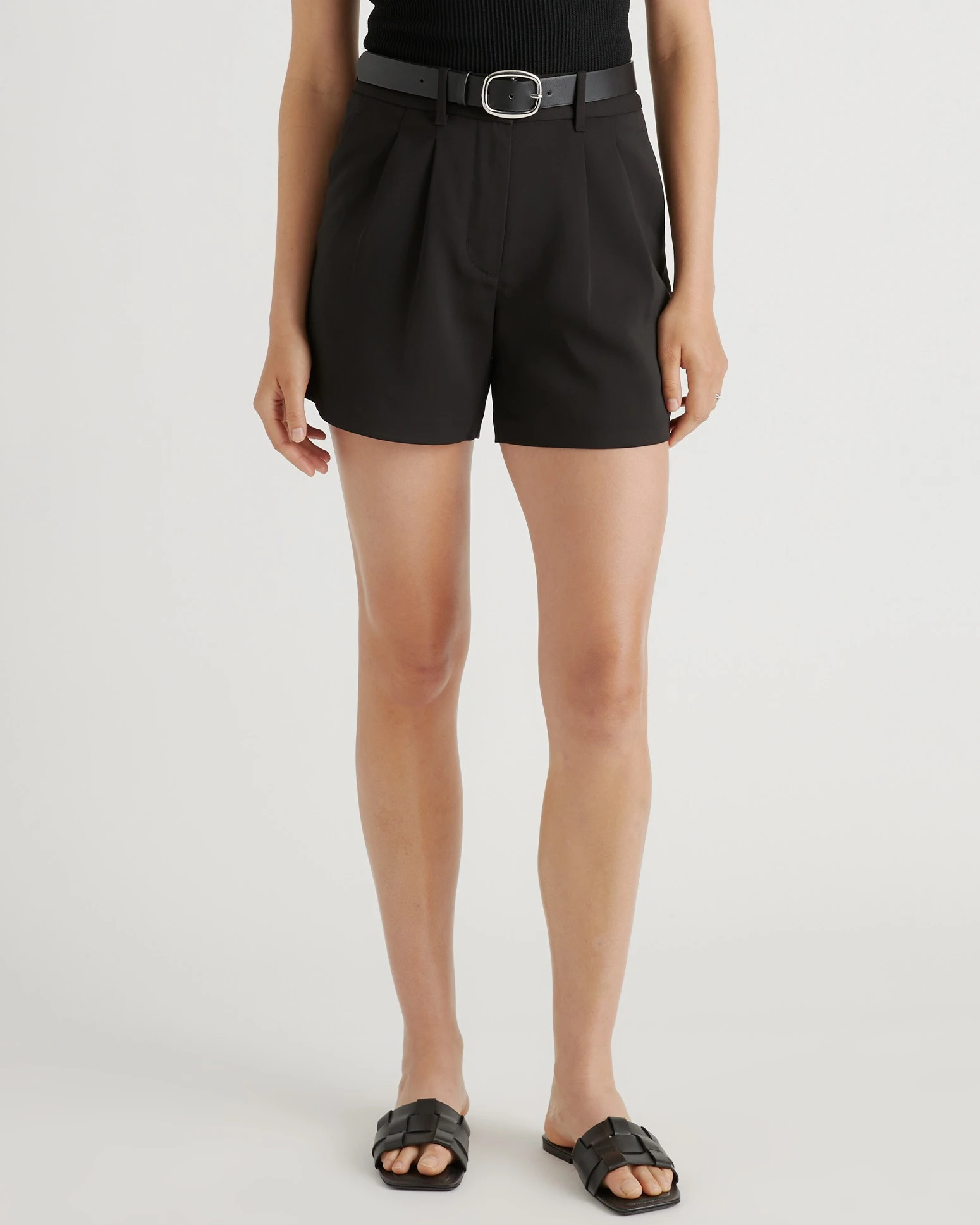 Stretch Crepe Pleated Shorts in Black | Quince