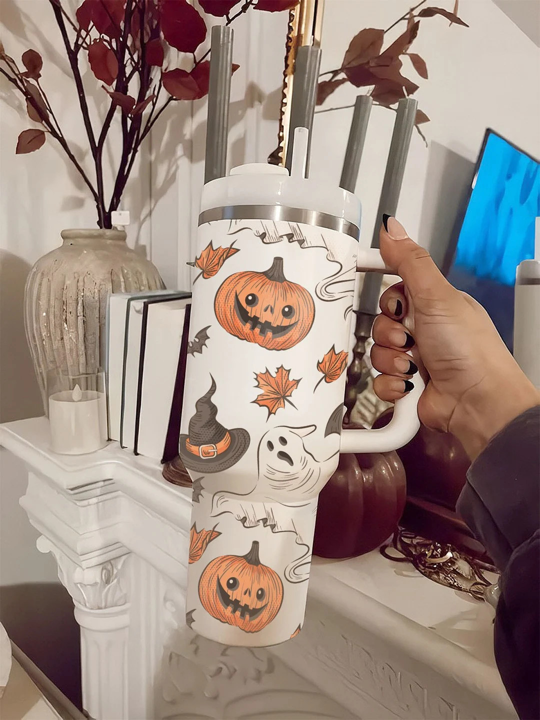Vintage Halloween Pumpkin Ghost 40oz Tumbler With Handle & - Etsy | Etsy (US)