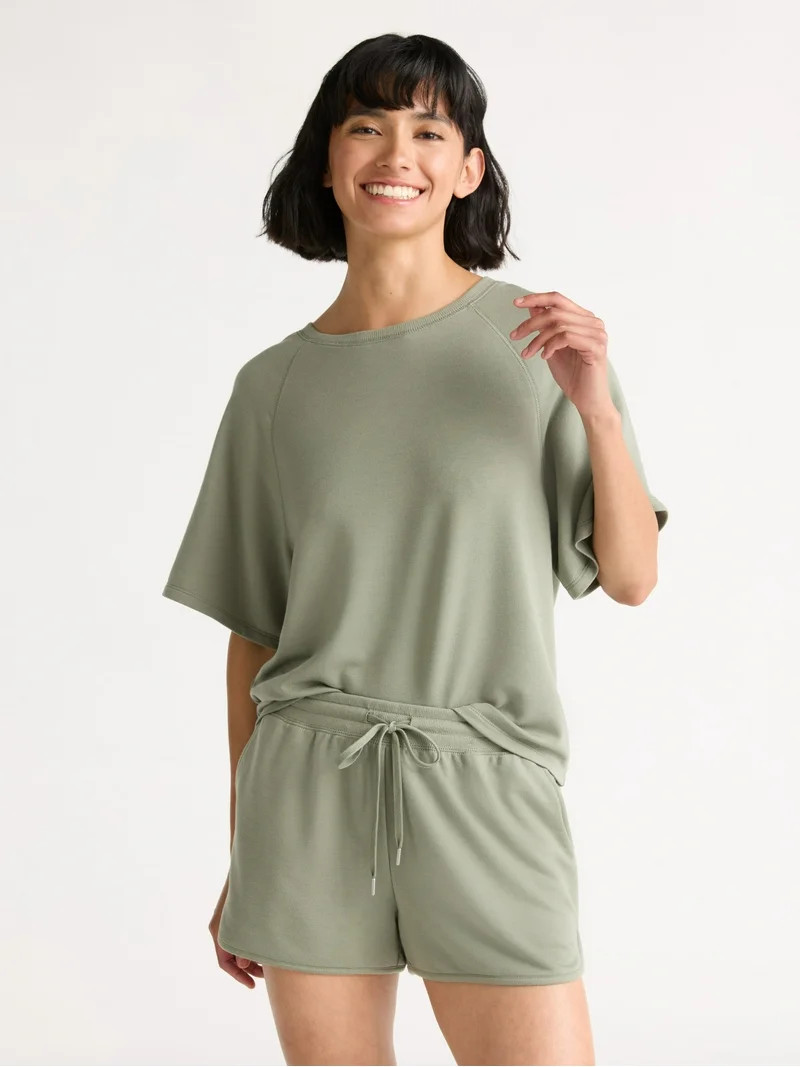Joyspun Women's French Terry Short Sleeve Top and Shorts Pajama Set, 2-Piece, Sizes XS-3X | Walmart (US)
