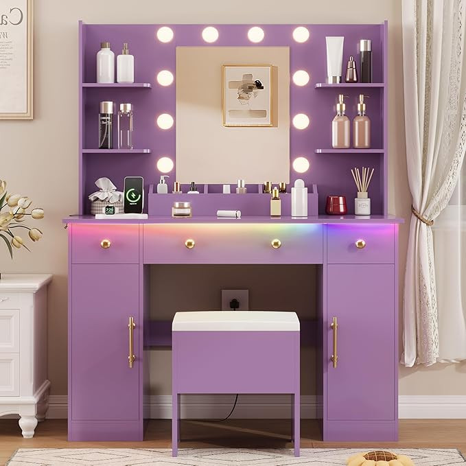 Vanity Desk with Mirror and Lights, Purple Makeup Vanity with Charging Station & Vanity Stool, 3 ... | Amazon (US)