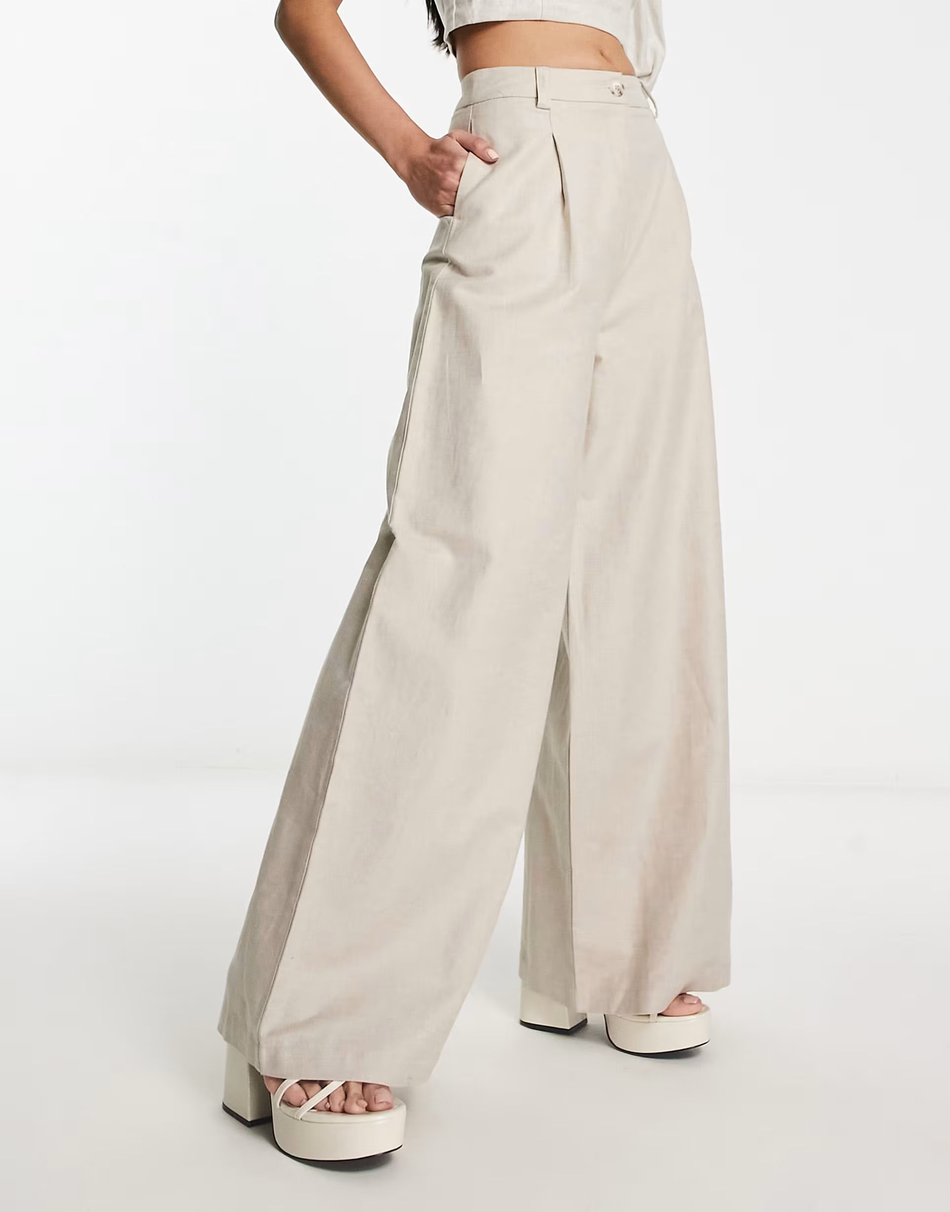 ASOS DESIGN high rise wide leg pants in stone | ASOS (Global)