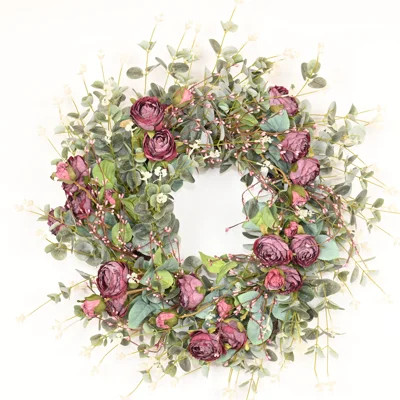 26" Artificial Everyday Eucalyptus Berry Rose Floral Front Door Wreath For Wedding Party Home Decor | Wayfair North America