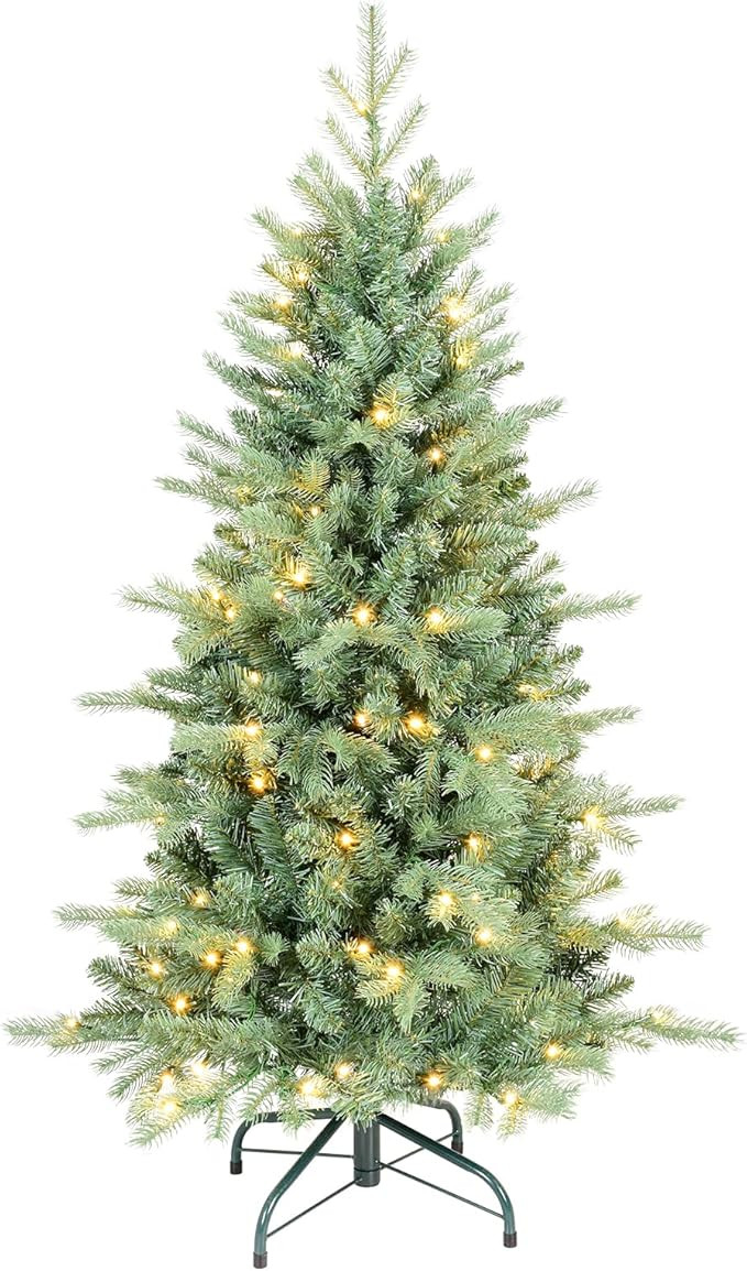 4 FT Prelit Artificial Skinny Christmas Tree,Blue Spruce Slim Pencil Xmas Tree with 566 PE&PVC Mi... | Amazon (US)