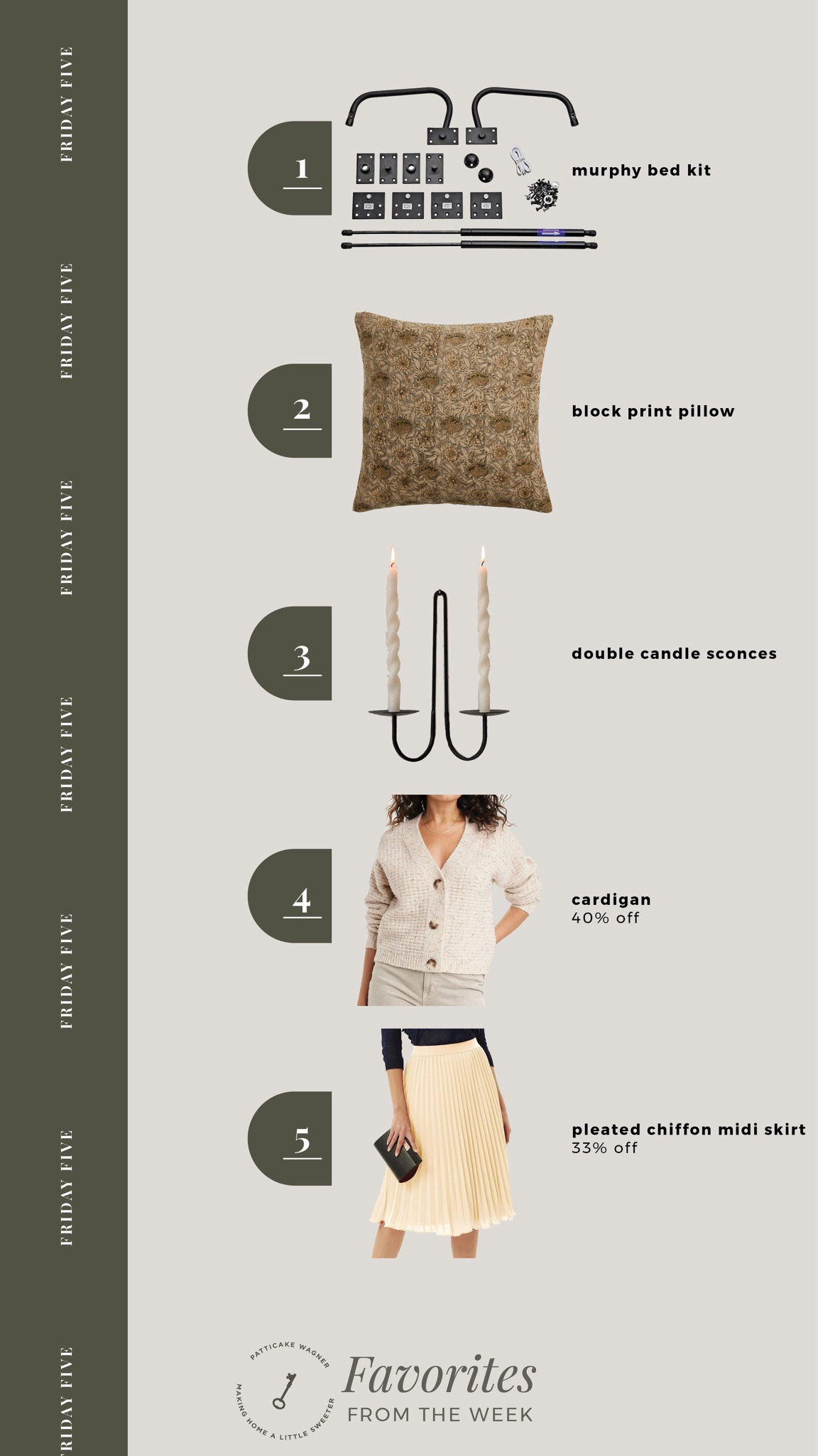 Friday Five: favorites from the week. *murphy bed kit, block print pillow, wall candle sconce, cardigan, pleated chiffon midi skirt  

#LTKHoliday #LTKsalealert #LTKstyletip