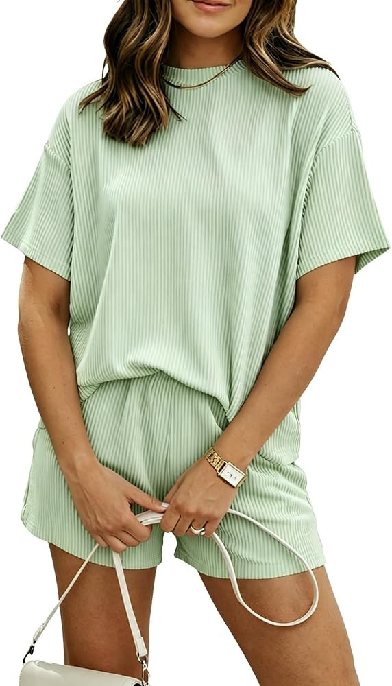 BDITANLE Women's 2 Piece Lounge Set Short Sleeve Wide Leg Shorts Pockets | Amazon (US)