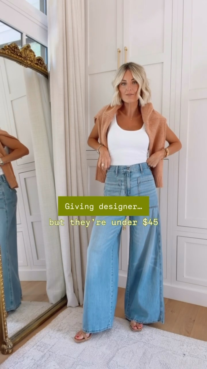 These jeans are a designer look for less! They are SO good! The fit is so flattering, and they are so comfortable! I’m wearing a size 2!

Loverly Grey, Target, wide leg jeans, sweatpants jeans, fall outfit, fall staples