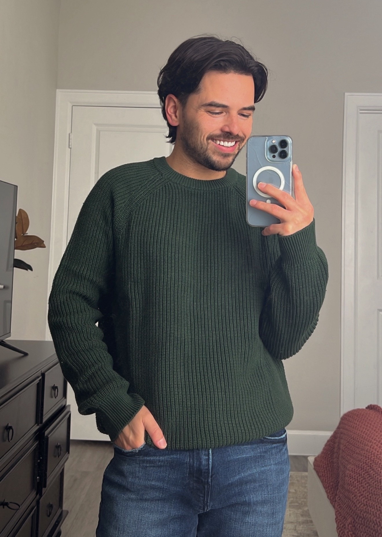 Fall outfit idea | green sweater | knit sweater | dark denim | back to school | prepping for fall | fall staples | fall essentials 

#LTKMens #LTKxMadewell #LTKSeasonal
