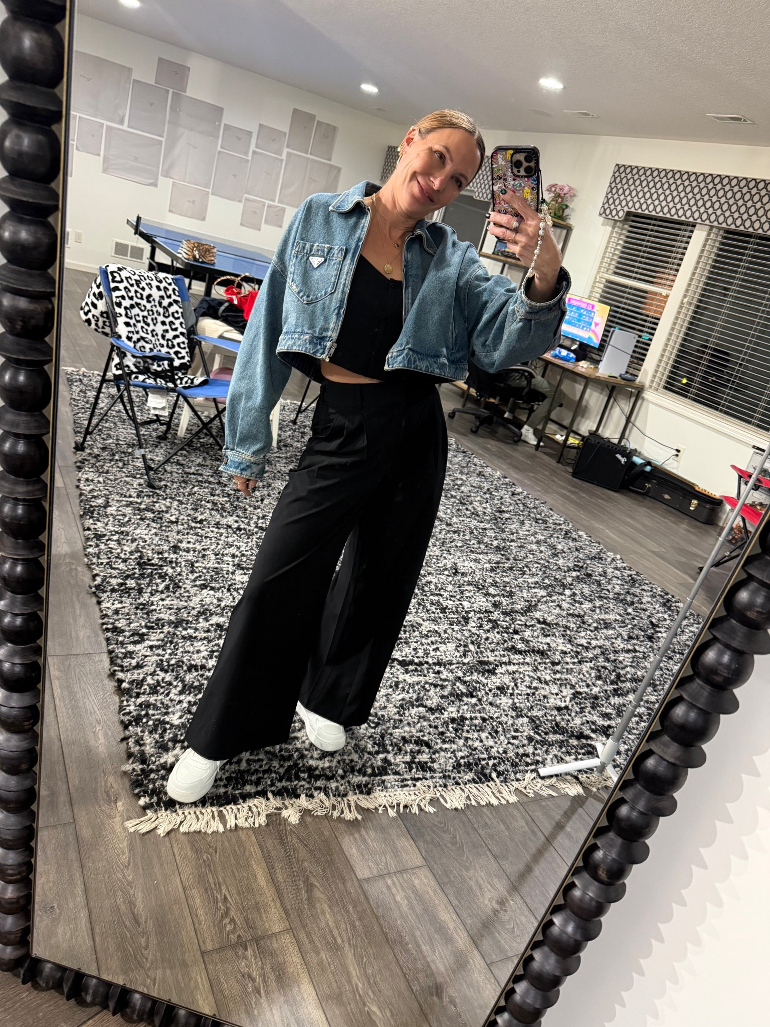 Polished leisure is one of my favorite things… this outfit was so comfortable and cute. Perfect for girls night out… I’m wearing an extra small in the pants… Small on the top .  Typically a size 4 . plus I was able to walk in the sneakers😂 jacket is Prada.

#LTKOver40 #LTKStyleTip #LTKActive