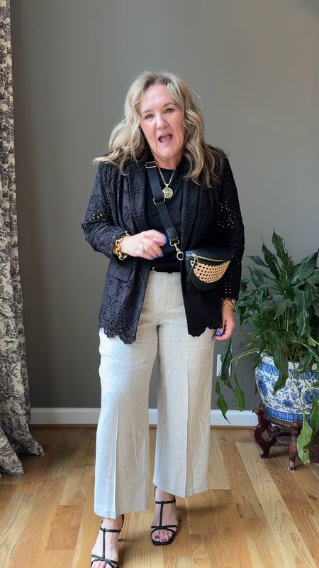 Work outfit. This eyelet blazer is  under $100 and going fast. Size 2.0. Matching pants too. 
Tee size L
Pants available in several colors but this stripe is gone. Wearing size 12. 25% off code MAY25

Work outfit conference outfit black blazer linen pants 

#LTKWorkwear #LTKFindsUnder100 #LTKOver40